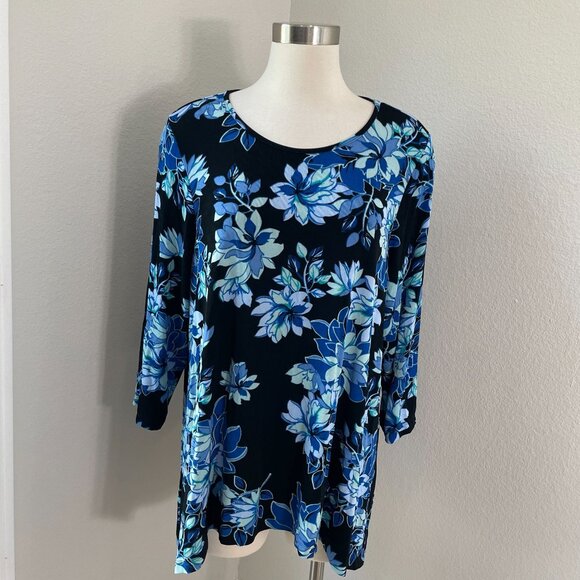 Coldwater Creek Womens Plus 1X Floral Blue Tunic Top Stretch Slinky Knit Shirt - Picture 1 of 10